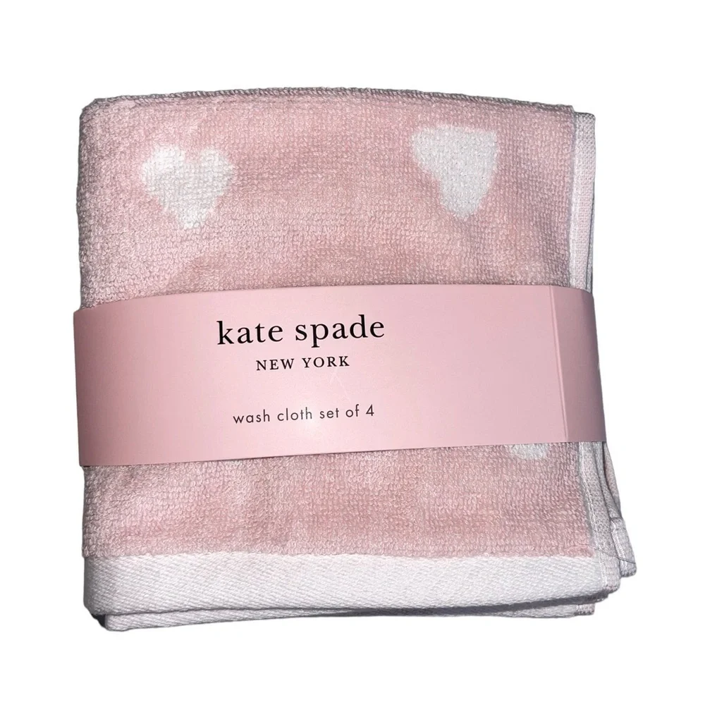 Kate Spade Washcloths Set of 4 Pale pink with White hearts NWT